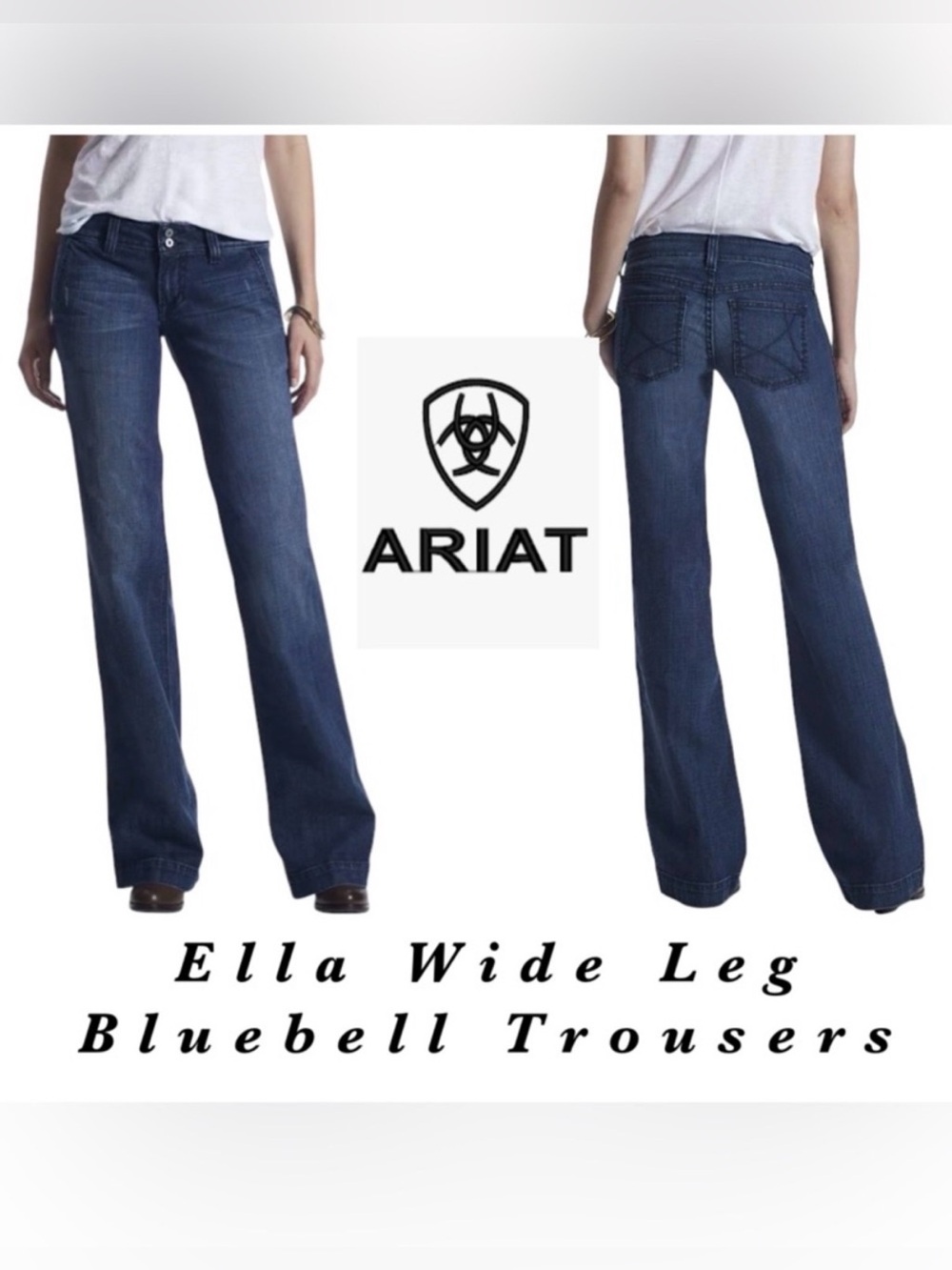 ARIAT Womens Ella Wide Leg Trouser Jeans Mid Rise Bluebell Wash Thick Stitch 27S